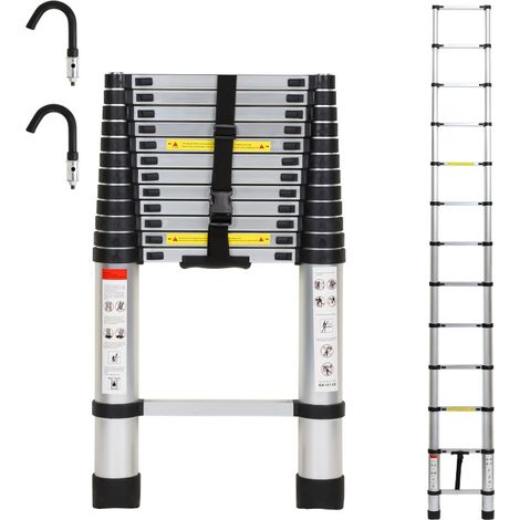 SWANEW Scala telescopica in alluminio multiuso 3.8Scala telescopica in alluminio Stabile Scalable fino a 150kg Argento con gancio (1/5)