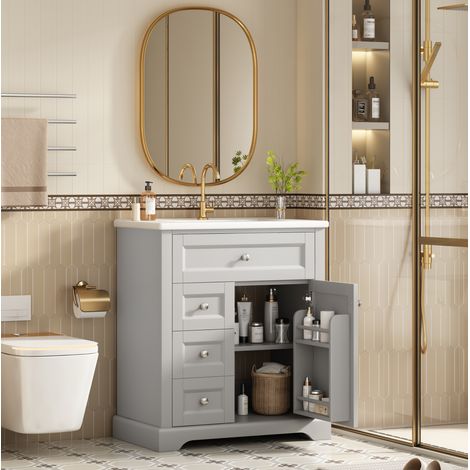 Mobile bagno con lavabo grigio 76 x 46 x 87 cm in MDF, 3 cassetti, a pavimento HAVRYA (1/5)