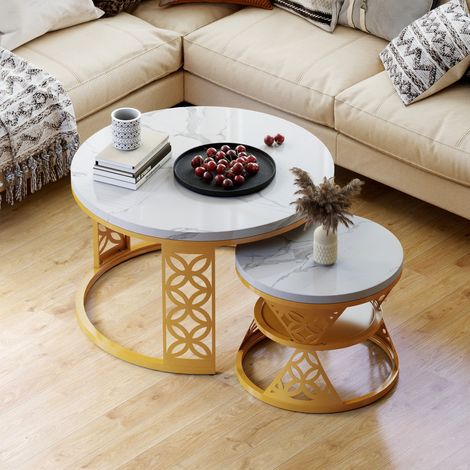 Lot de 2 tables basses gigognes 70x70x45 cm, effet marbre, pieds métal, blanc et doré (1/5)