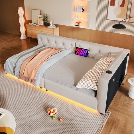 MEUBLIV Tagesbett 90x200 cm Beige – LED 7 Farben, USB-C und Kopfteil, ohne Matratze (1/5)