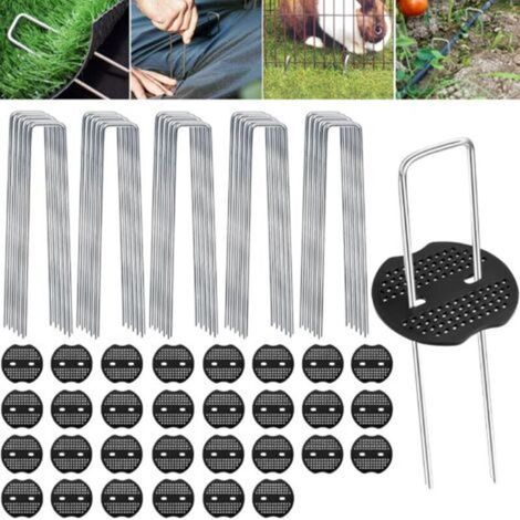 Piquets de Fixation en Acier Galvanisé, 100 Pièces + 30 Rondelles, Pelouse Agrafes, Piquets de Jardin, Piquet pour Toile de Paillage, Grillage et Filets - 150 mm Long, 30 mm Large, Ø 3 mm (1/5)