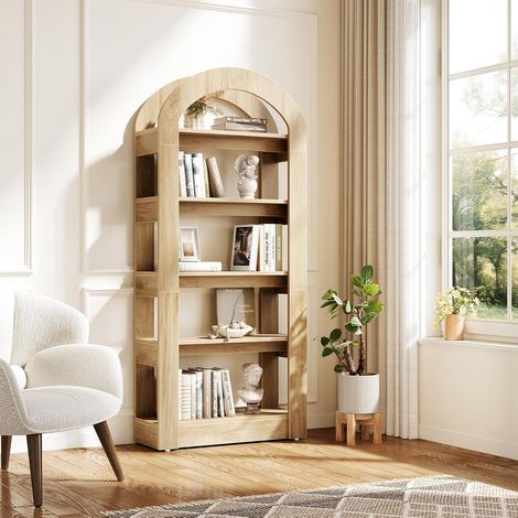Tribesigns 5-stöckiges Bücherregal, bogenförmige Regale, 180 cm hohes Standregal Holzregal Bücherregal, Regal mit 5 Böden, Büroregal, für Wohnzimmer, Lagerregal, Teakfarbe (1/5)