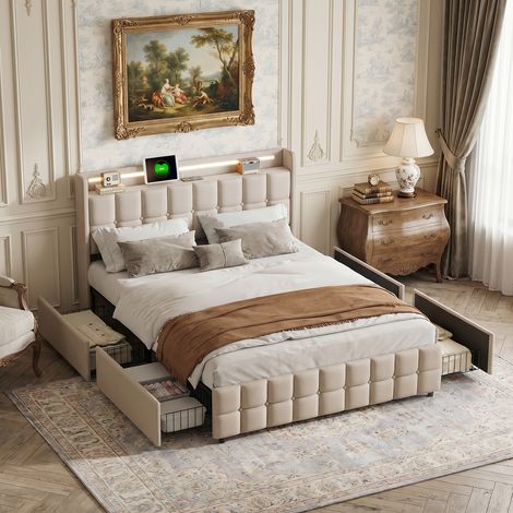 BLANKETSWARM - Lit double 180x200 avec tiroirs, Lit adulte, Lit capitonné - Sommier à lattes - Éclairage LED - chargement USB - Lin - Beige (1/5)