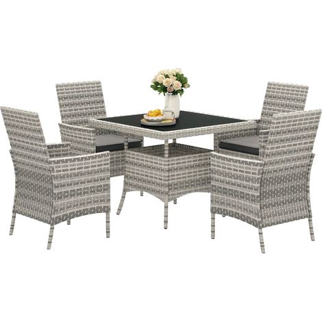 Outsunny Rattan Garden Furniture Set, Outdoor Dining Table and Chairs 4 Seater with Cushions, Square Tempered Glass Top, 4 Armchairs, for Balcony, Terrace, Conservatory, Mixed-Grey