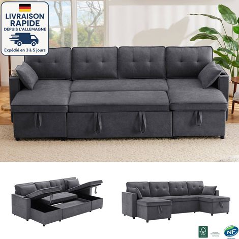 MODFU - Divano letto angolare a 4 posti con 2 cuscini e 2 portabicchieri, divano da soggiorno con spazio contenitore, lino, grigio (1/5)