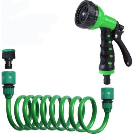 Mode pulvérisation, tuyau d'arrosage avec tête d'arrosage, extensible et flexible jusqu'à 15 m, spirale, vert (1/5)