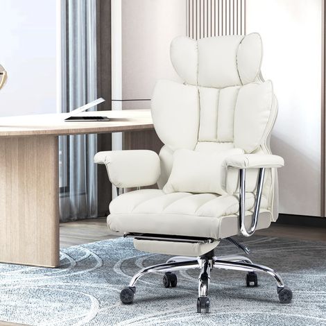 Rattantree - Chaise de Bureau en grand modèle en cuir PU - Hauteur réglable 8 cm - Dossier inclinable jusqu'à 135° - soutien lombaire - Max 150kg - avec Repose-Pieds Extensible et Accoudoirs - Blanc (1/5)