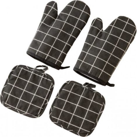 (Noir) Gants de cuisine, 1 paire de gants de cuisine en coton avec 2 coussinets résistants à la chaleur, lavables, antidérapants. (1/5)