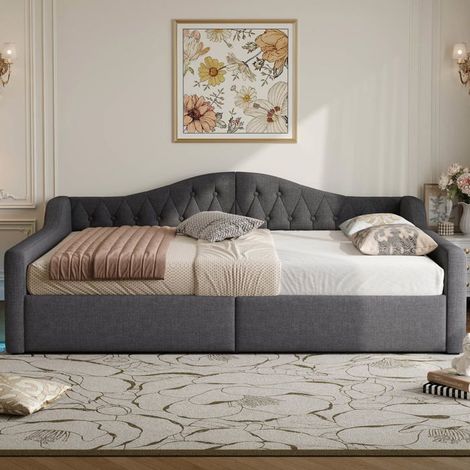 Lit de jour capitonné 140x200 cm gris avec rangement sous-lit et LED intégrée - sans matelas (1/5)