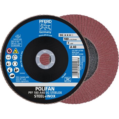 PFERD TOOLS POLIFAN Fächerscheibe PFF 180x22,23 mm flach A40 Leistungslinie SG STEELOX Stahl/Edelstahl 10 Stk (1/4)