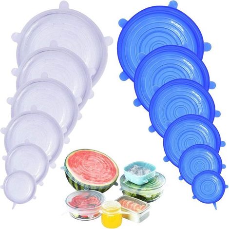 Tapas elásticas de silicona, 12 tapas de silicona para alimentos, Sin BPA, platos y cuencos, Aptas para lavavajillas, microondas y congelador (1/5)
