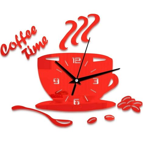 Horloge murale en acrylique rouge, tasse de café, grande horloge à quartz sans fil pour bureau, design moderne, pile incluse, décoration murale (1/5)