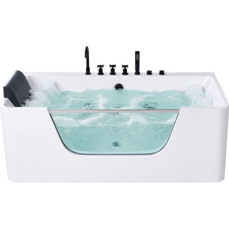 Bathtub with Hydro Massage White Acrylic Stainless Steel Black Fittings 1600 x 750 mm Glass Panel Headrest CAHUITA (1/5)