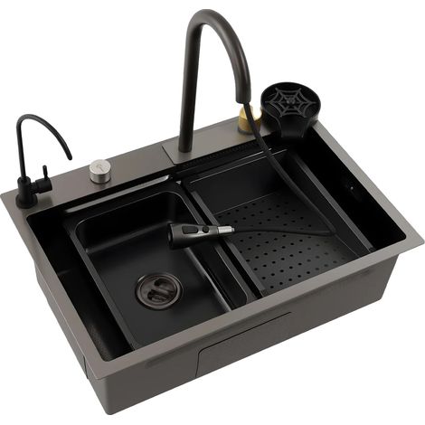 Évier de cuisine, acier inoxydable, douchette extractible, Gris canon (1/2)