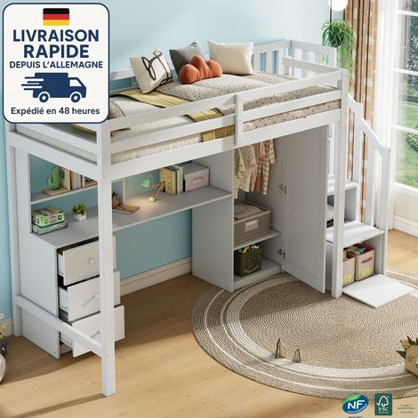 Letto a castello multifunzionale 90x200 cm con scrivania integrata, armadio, contenitori, cassetti e scala di sicurezza in legno bianco (1/5)