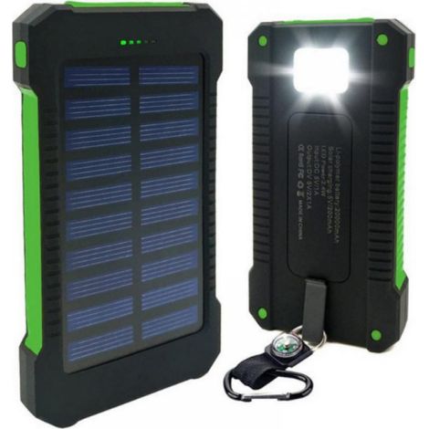 Batterie externe solaire 50 000 mAh avec double port USB et lampe LED intégrée pour téléphone, tablette et Android — Verte