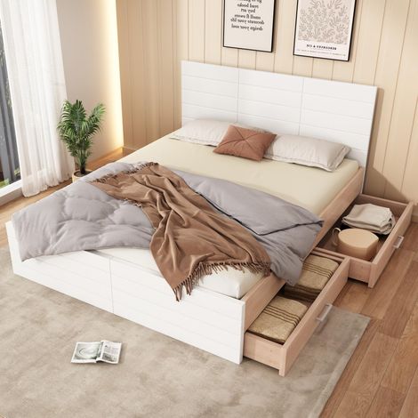 Lit double, cadre de lit en bois 140×200cm avec 2 tiroirs, lit moderne comprenant cadre de lit et sommier à lattes - 207×80×145cm (L×H×l) en chêne/blanc (sans matelas) (1/5)