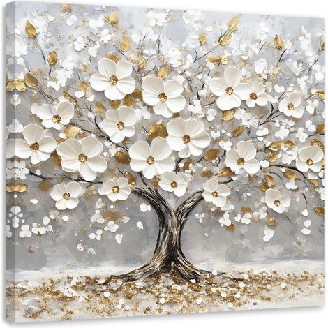 Tableau déco Arbre de vie avec fleurs blanches dorées 50x50 (1/5)