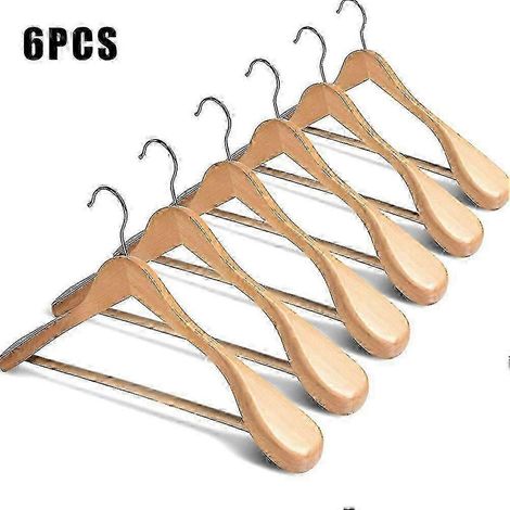 Lot de 6 cintres en bois à épaules larges avec barre antidérapante pour pantalons, manteaux, robes et vêtements (1/5)