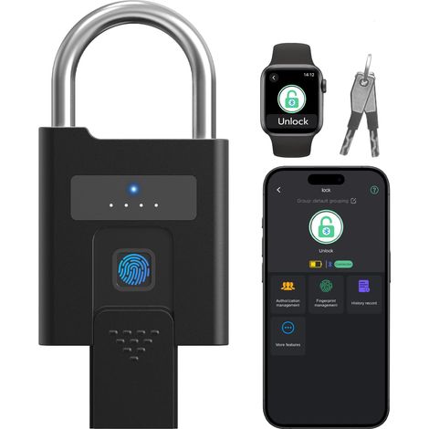 Cadenas à empreintes digitales, cadenas intelligent robuste avec clé, contrôle par application Bluetooth étanche, verrou de portail extérieur pour clôture, abri de jardin, rangement, casier (1/5)