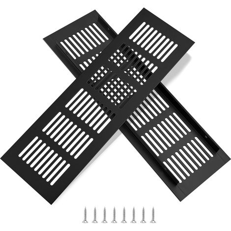 Grille d'aération rectangulaire en aluminium avec vis pour ventilation de placards et de pièces, 25 x 8 cm, noir, 2 pièces (1/5)