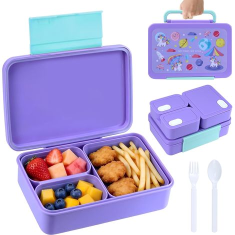 Campus-Lunchbox, Bento-Lunchbox für Kinder, 1200 ml, Lunchbox mit drei Fächern und Besteck, BPA-frei, mikrowellen- und spülmaschinengeeignet (Lila)