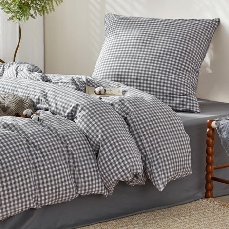 Bettwäsche-Set 155x220 cm Baumwolle Gewaschen Kariert Grau 2-teilig mit Reißverschluss