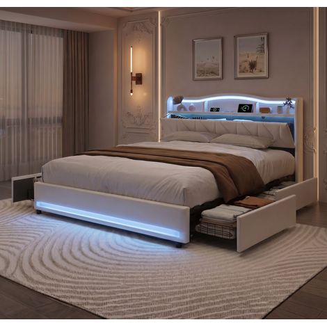 Cama doble tapizada 140x200 cm para adultos, con LED, cabecero con almacenaje, puertos USB-C/A y 4 cajones con ruedas, terciopelo, Beige (1/5)