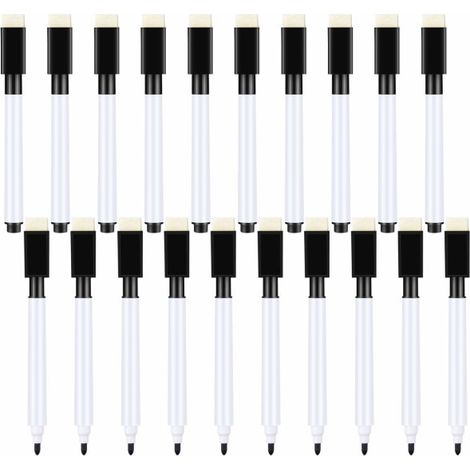 KLVGTIFS PU - Lot de 20 petits feutres pour tableau blanc - Feutres noirs pour tableau blanc sec avec gomme - Pointe fine - Idéal pour les enfants (Noir) (1/5)
