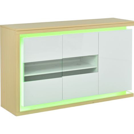 Aparador de salón 140 x 40 x 84 cm con LED, 3 puertas y vidrio templado, blanco y roble (1/5)