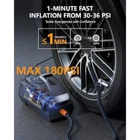 12-V-Reifenfüller, tragbarer Luftkompressor mit LCD-Bildschirm und LED-Leuchte, automatischer Abschaltung, hoher Fördermenge von 35 l/min, 2,8 m Kabel für Auto, Motorrad, Fahrrad, Bälle (1/4)