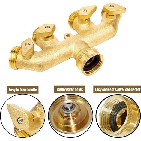 Connecteur de robinet monobloc en laiton à 4 voies, distributeur de robinet de jardin 3/4", inverseur de tuyau avec vanne de sortie marche/arrêt séparée pour robinet de machine à laver de jardin de cu (1/4)