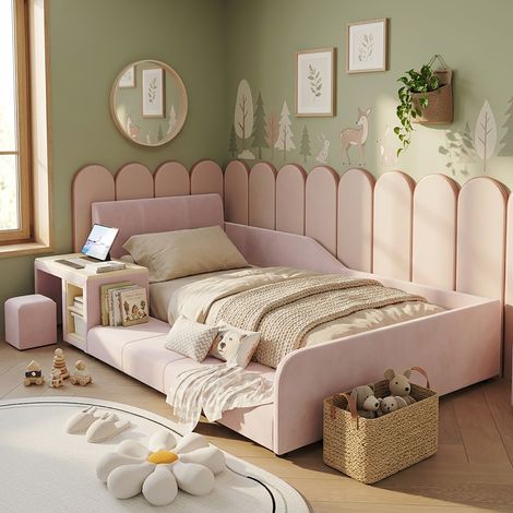 Lit enfant rembourré 90x200 cm Lit simple avec bureau, tabouret, étagère, tête de lit douce, sommier à lattes en bois, velours rose (1/5)