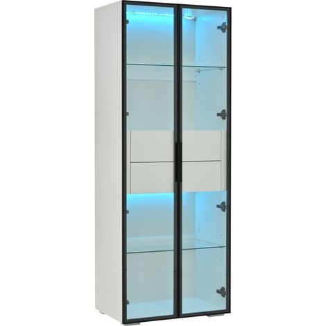 Vitrina blanca de MDF y vidrio templado con LED, 2 cajones y estantes regulables 60x40x160 cm (1/5)
