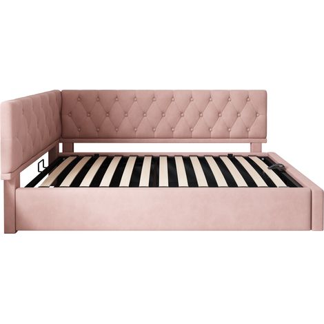 Cama diván 90x190 cm de terciopelo rosa con almacenaje hidráulico HOMVRA (1/5)