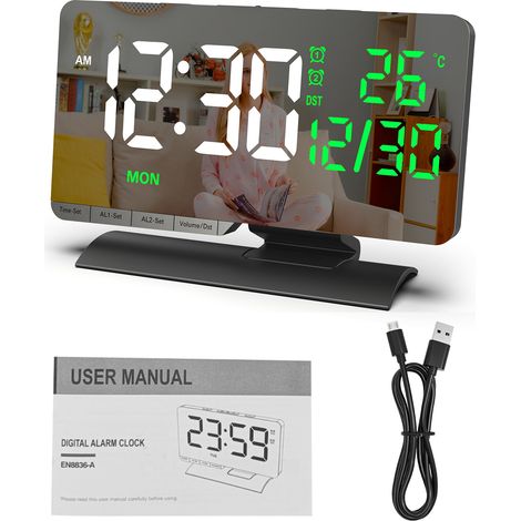 Réveil Digital LED 6,6" Noir Double Alarme USB-C Affichage Température Date Variateur 6 Niveaux Volume Réglable Mode Week-end (1/5)