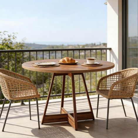 Table ronde Ø 100 cm marron en MDF avec pied central, style rustique et gain de place (1/5)