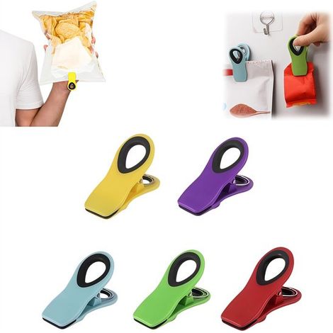 Juego de 5 pinzas para aperitivos, Selladores magnéticos para bolsas, Imanes para nevera, Resistentes y duraderas (1/5)