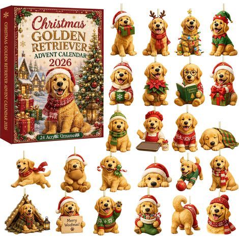 Weihnachts-Adventskalender, Überraschungsbox, Acryl-Anhänger mit Golden-Retriever-Motiv, Weihnachtsbaumschmuck (1/5)