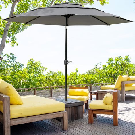 Parasol de jardin extérieur parasol inclinable Ø 2.85 x 2.5 m avec manivelle. 2 évents. toile 180 g/m². Anti-UV. gris