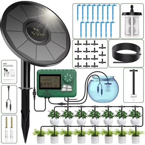 Système d'irrigation Solaire Goutte à Goutte – Kit d'arrosage automatique avec tuyau 15M et minuterie pour serre et plantes en pot (1/5)