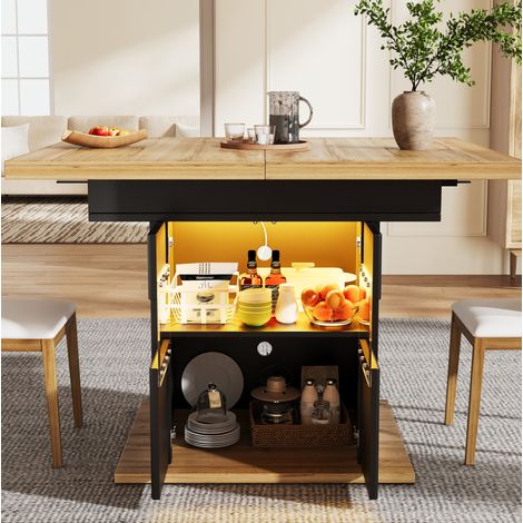 Table de repas extensible en MDF et métal, 110/140 x 80 x 76 cm, noir, avec rangement et LED (1/5)