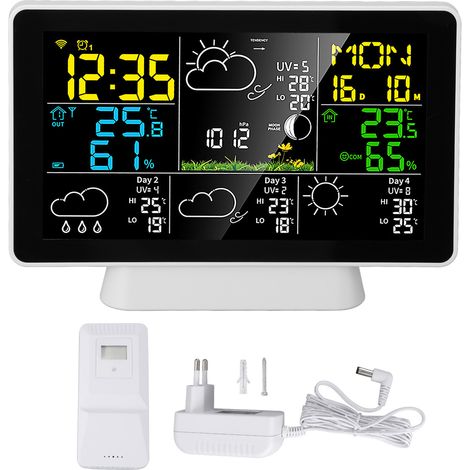 Orologio meteo intelligente, schermo a colori da 7,5 pollici, allarme temperatura e umidità, stazione meteo wireless per interni ed esterni, spina europea. (1/5)