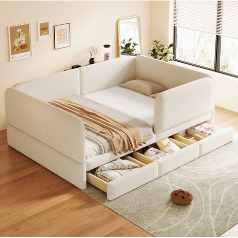 Cama tapizada 140x200 cm en beige con almacenaje y protección infantil en terciopelo (1/5)