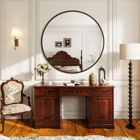 Comanlai - Miroir rond mural 75x75cm – Cadre en métal – Miroir de maquillage - Miroir décoratif pour salle de bain, chambre, salon, couloir - Noir (1/5)