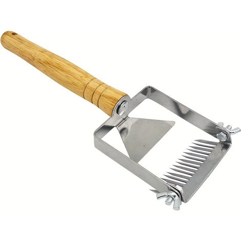 Outil apicole 2-en-1 : Fourche à décuver le miel et raclette en acier inoxydable, avec manche en bois, espacement des dents réglable pour la récolte de rayons de miel. (1/4)