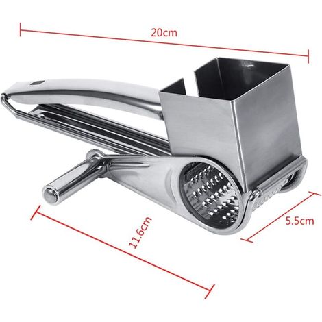 Râpe à fromage en acier inoxydable, outil de cuisine rotatif multifonctionnel, adapté pour trancher, râper et coller le fromage et les légumes dans la cuisine domestique, argenté, 20 cm. (1/5)