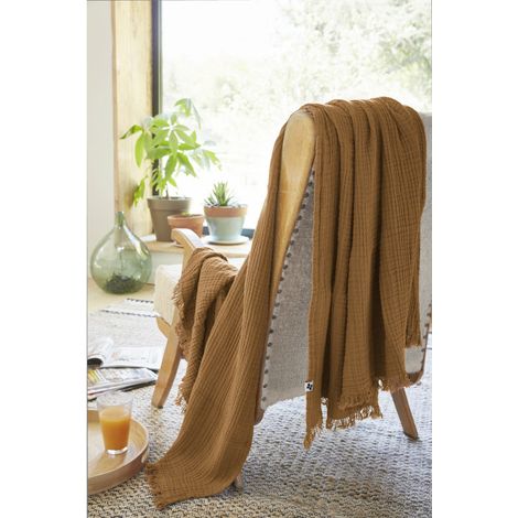 Plaid à franges en gaze de coton 180 x 220 cm Gaia Camel