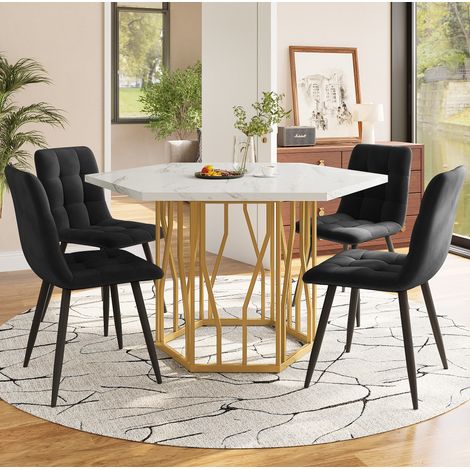 Set da pranzo con tavolo e 4 sedie in MDF e acciaio nero/oro, piano effetto marmo 115,5x100x75 cm (1/5)