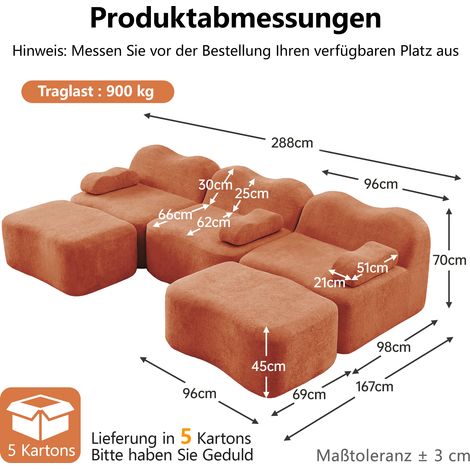 Canapé modulaire en forme de U 3 places sans os avec 2 poufs, mousse haute densité 32D, assise profonde, coussins d'accoudoirs amovibles, salon, orange. (1/5)